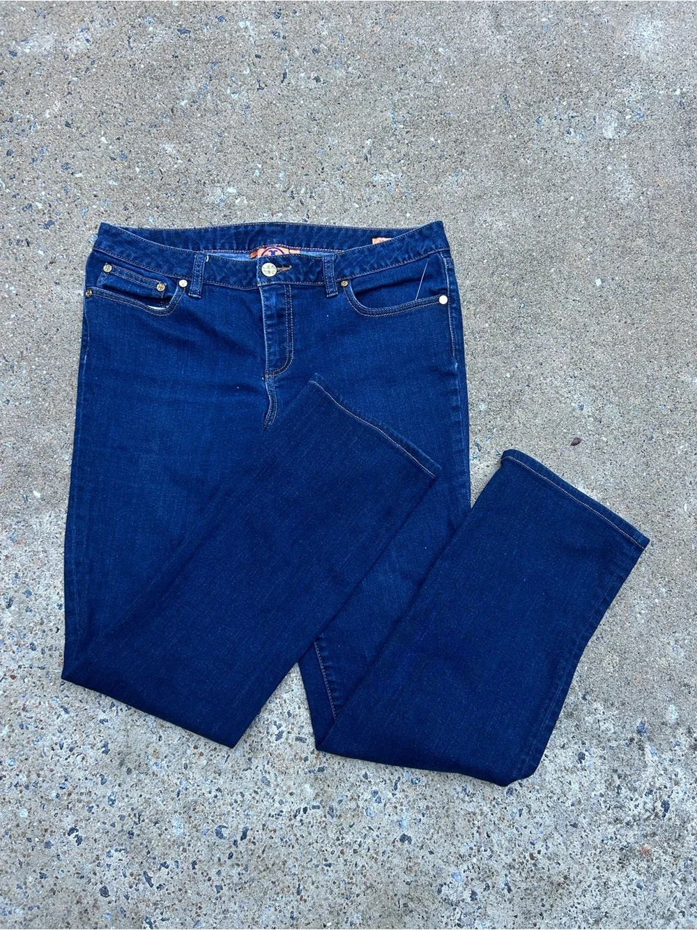 Tory Burch Dark Wash Denim Jeans Gold Hardware Straight Leg